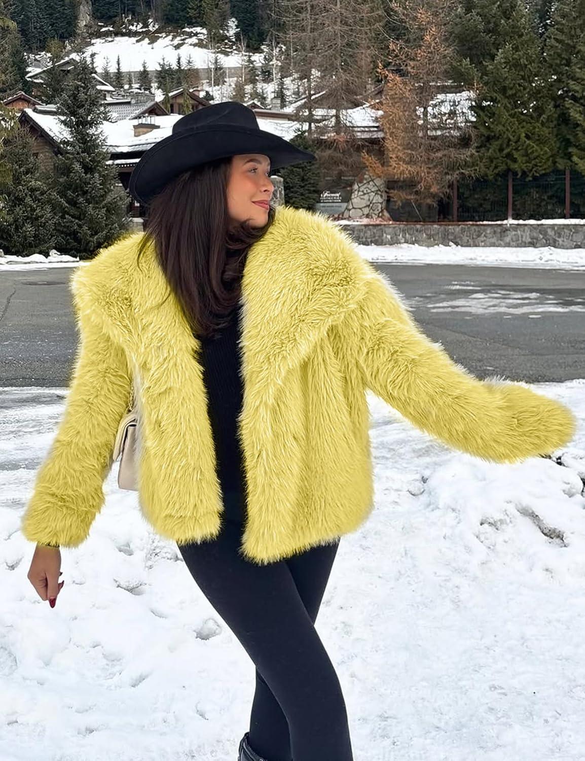 imageYimoon Womens Faux Fur Coat Lapel Open Front Fluffy Shaggy Jacket Winter Warm Furry OvercoatYellow