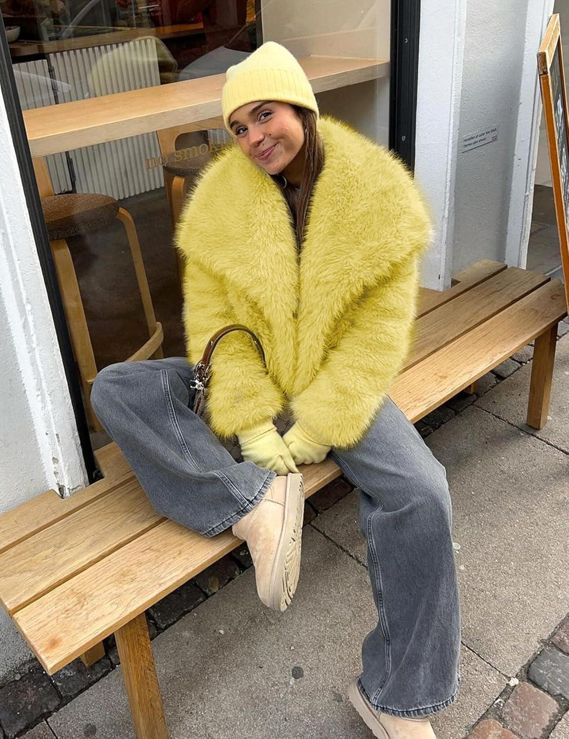 imageYimoon Womens Faux Fur Coat Lapel Open Front Fluffy Shaggy Jacket Winter Warm Furry OvercoatYellow