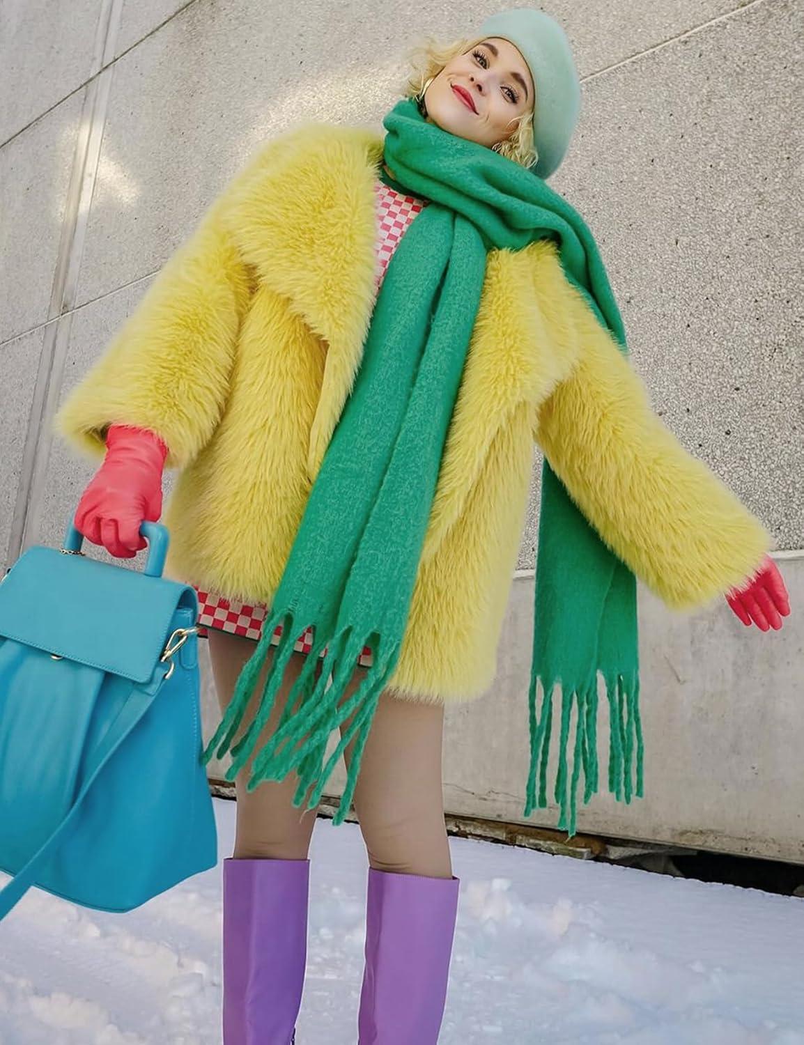 imageYimoon Womens Faux Fur Coat Lapel Open Front Fluffy Shaggy Jacket Winter Warm Furry OvercoatYellow