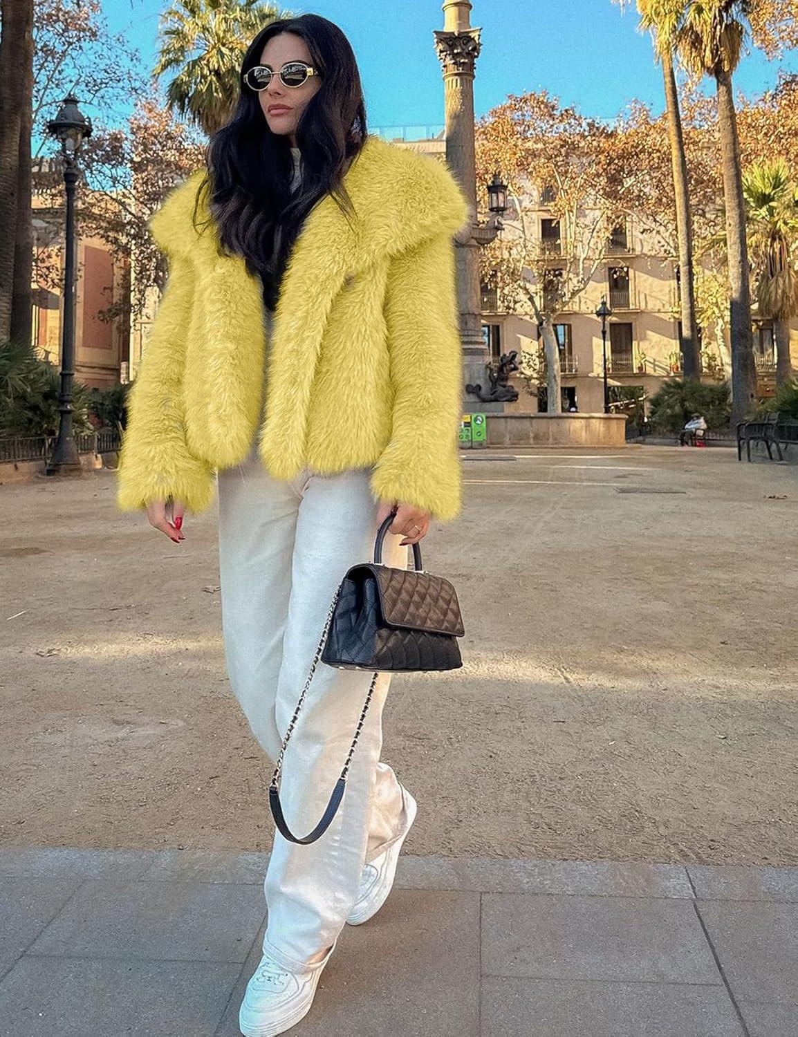 imageYimoon Womens Faux Fur Coat Lapel Open Front Fluffy Shaggy Jacket Winter Warm Furry OvercoatYellow