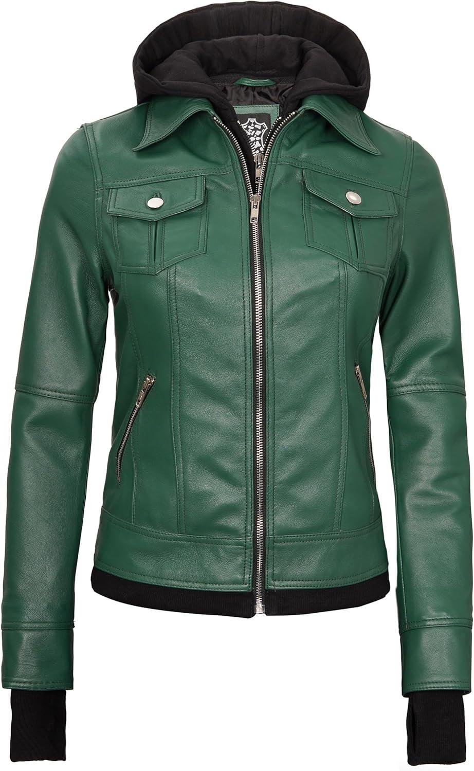 imagefjackets Hooded Leather Bomber Jacket Women Real Lambskin Womens Leather Jacket with Removable HoodBetty Hooded Green Lether Jacket