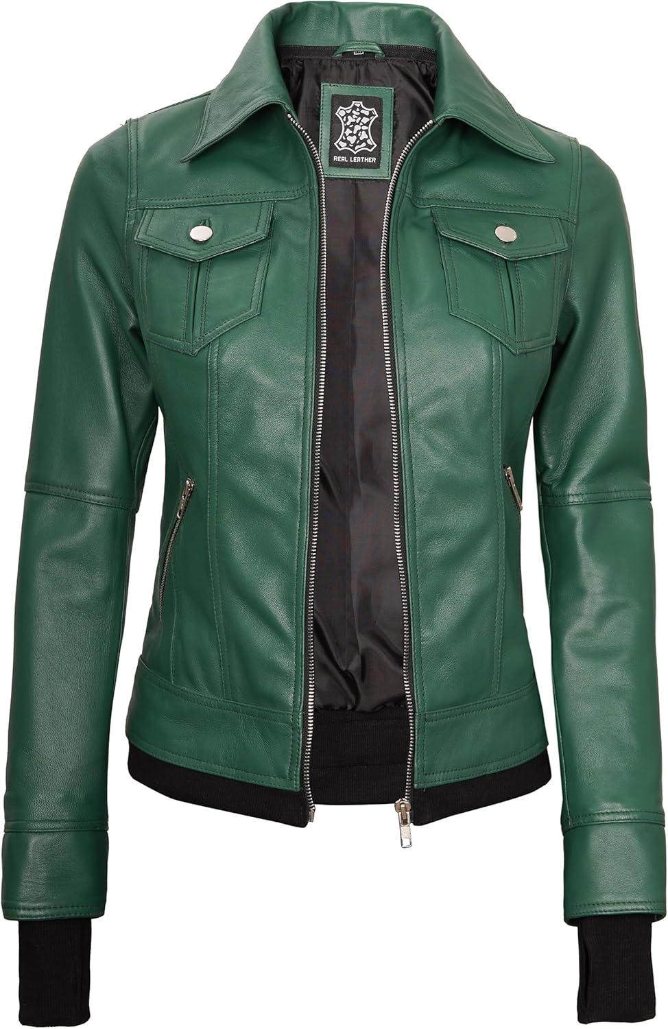 imagefjackets Hooded Leather Bomber Jacket Women Real Lambskin Womens Leather Jacket with Removable HoodBetty Hooded Green Lether Jacket