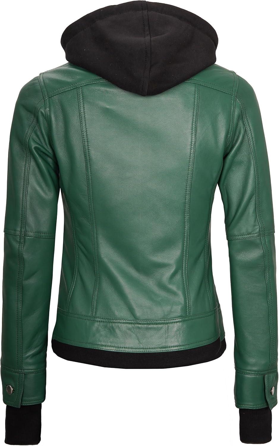 imagefjackets Hooded Leather Bomber Jacket Women Real Lambskin Womens Leather Jacket with Removable HoodBetty Hooded Green Lether Jacket