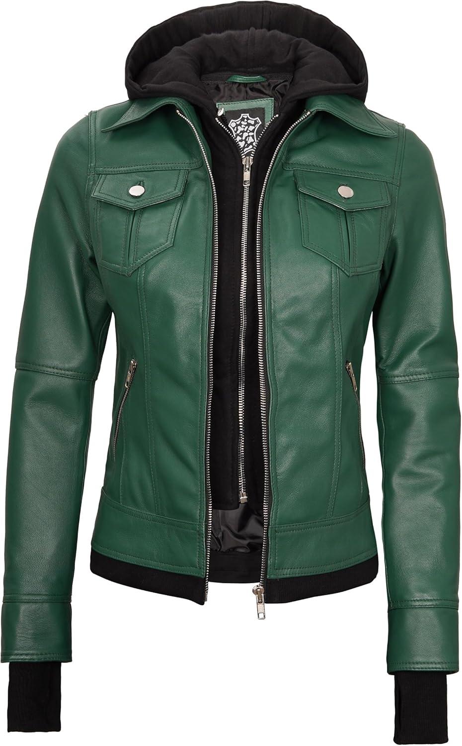 imagefjackets Hooded Leather Bomber Jacket Women Real Lambskin Womens Leather Jacket with Removable HoodBetty Hooded Green Lether Jacket