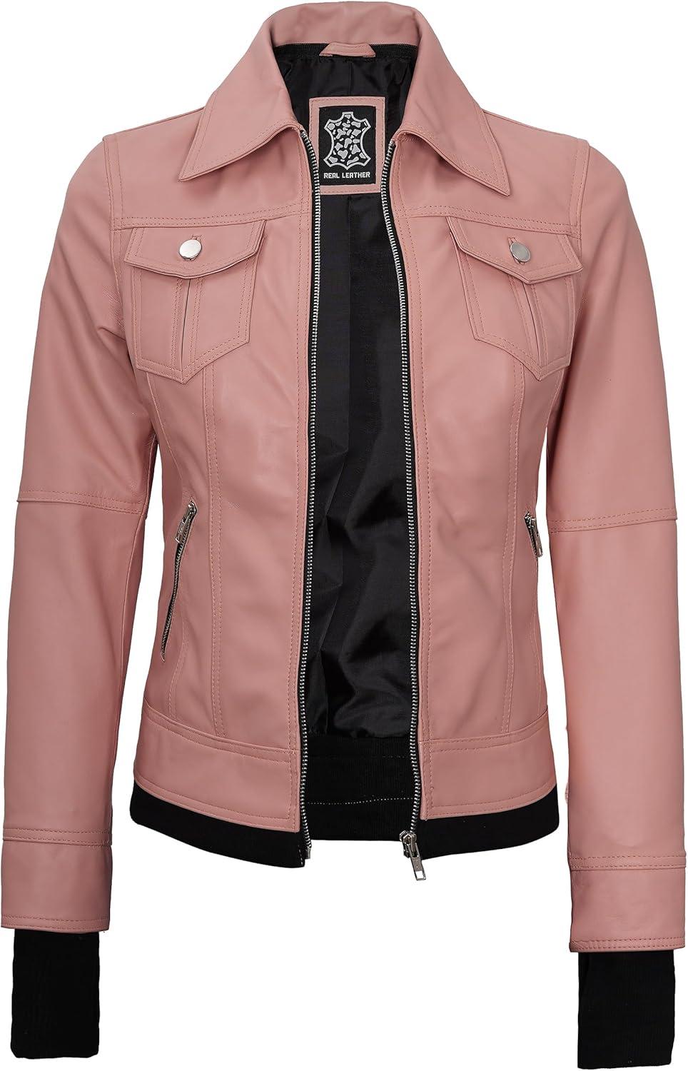 imagefjackets Hooded Leather Bomber Jacket Women Real Lambskin Womens Leather Jacket with Removable HoodBetty Hooded Pink Lether Jacket