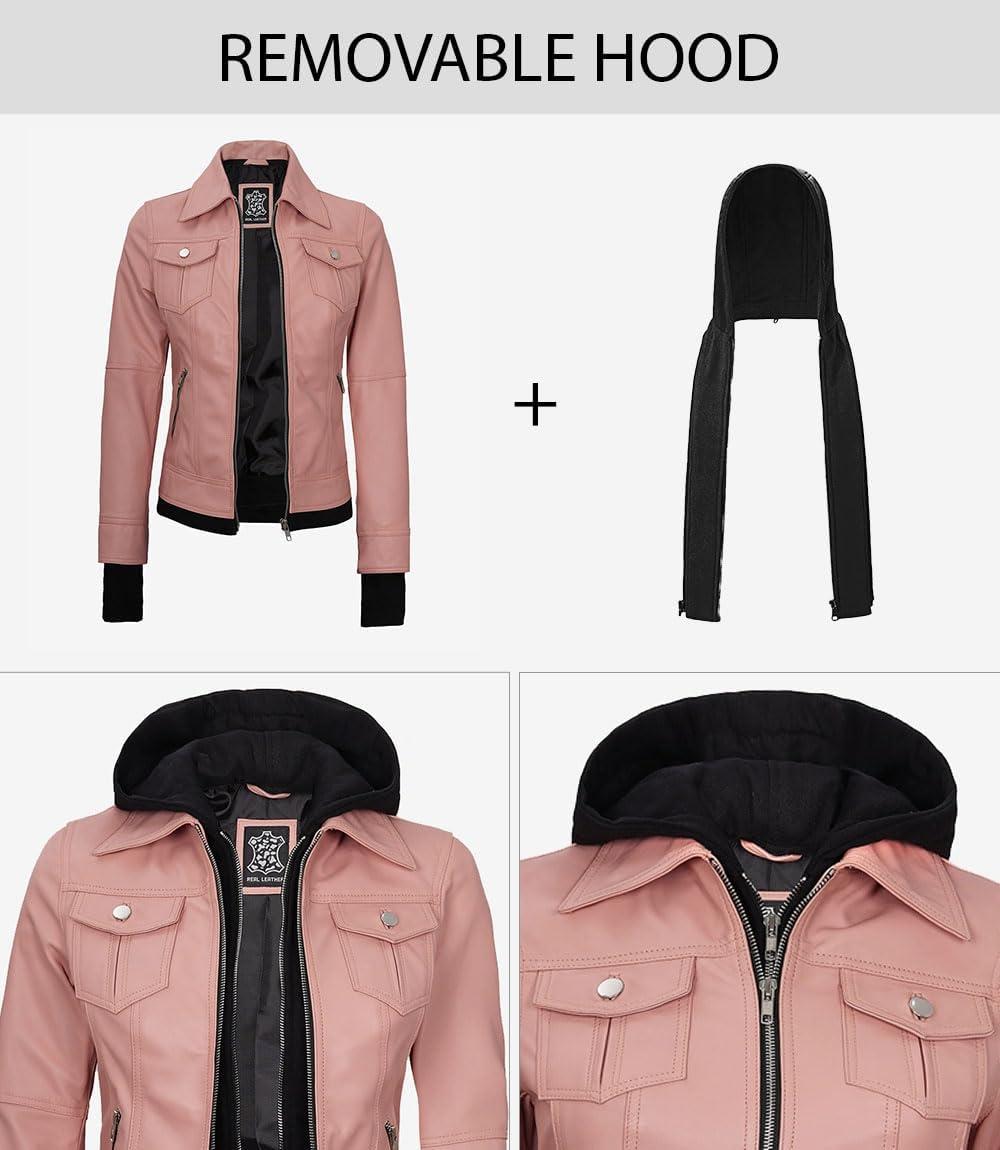 imagefjackets Hooded Leather Bomber Jacket Women Real Lambskin Womens Leather Jacket with Removable HoodBetty Hooded Pink Lether Jacket