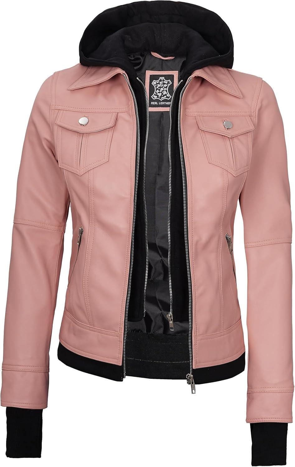 imagefjackets Hooded Leather Bomber Jacket Women Real Lambskin Womens Leather Jacket with Removable HoodBetty Hooded Pink Lether Jacket