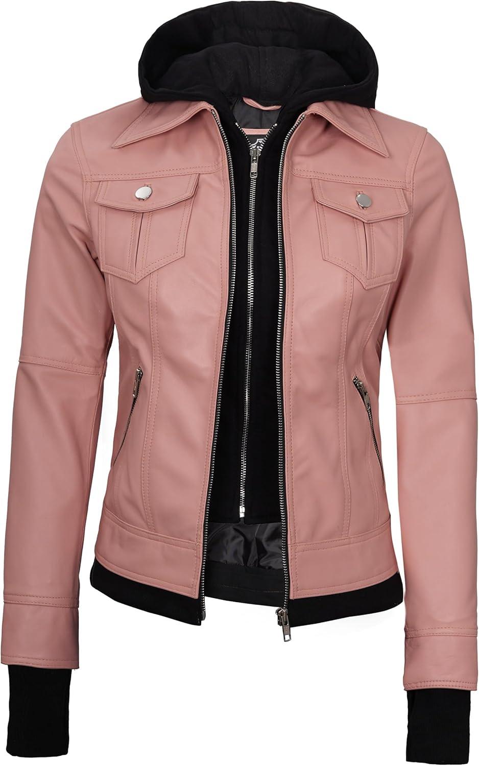 imagefjackets Hooded Leather Bomber Jacket Women Real Lambskin Womens Leather Jacket with Removable HoodBetty Hooded Pink Lether Jacket