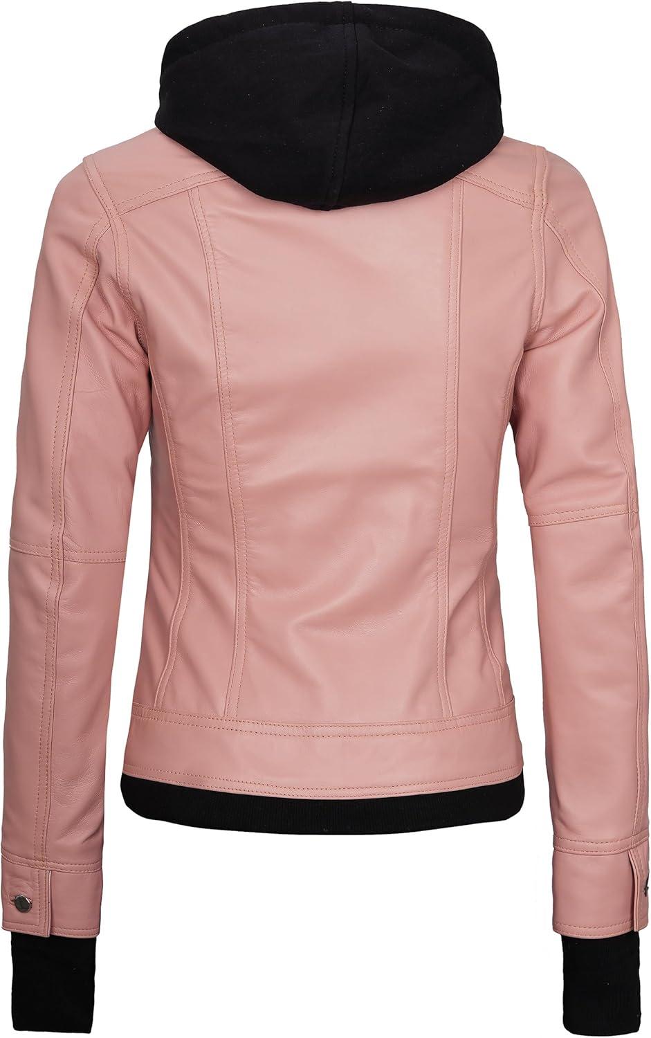 imagefjackets Hooded Leather Bomber Jacket Women Real Lambskin Womens Leather Jacket with Removable HoodBetty Hooded Pink Lether Jacket