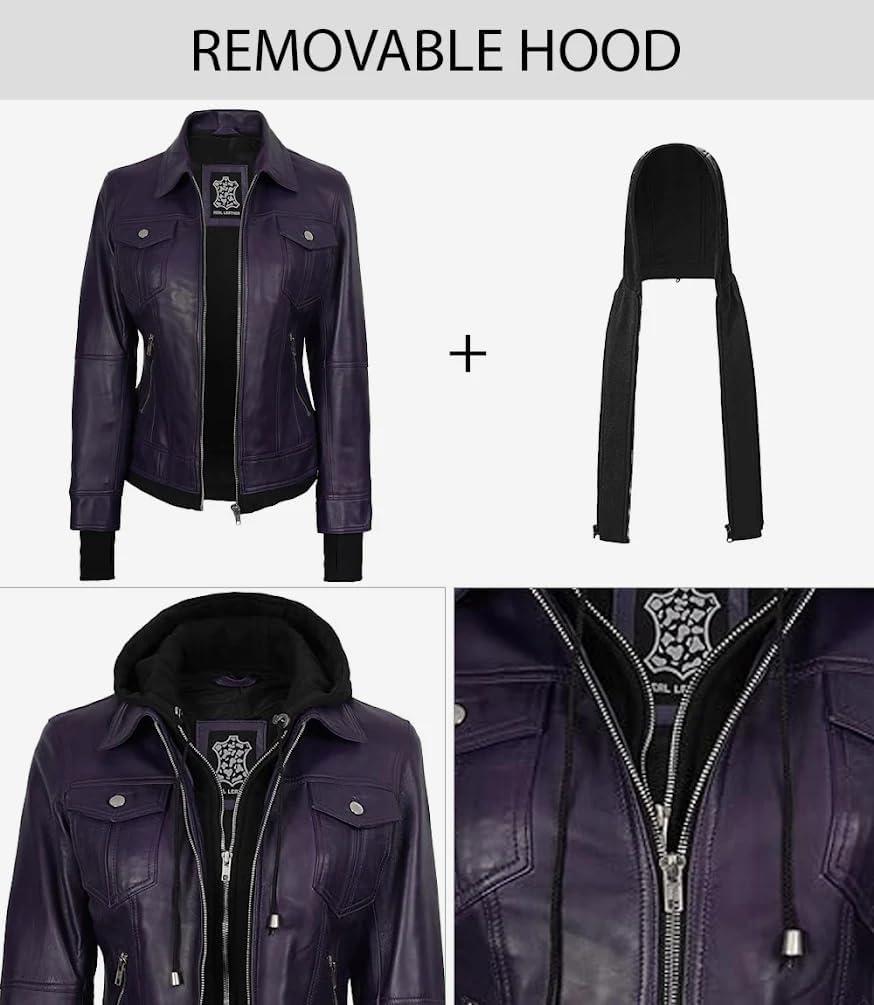 imagefjackets Hooded Leather Bomber Jacket Women Real Lambskin Womens Leather Jacket with Removable HoodBetty Hooded Purple Lether Jacket