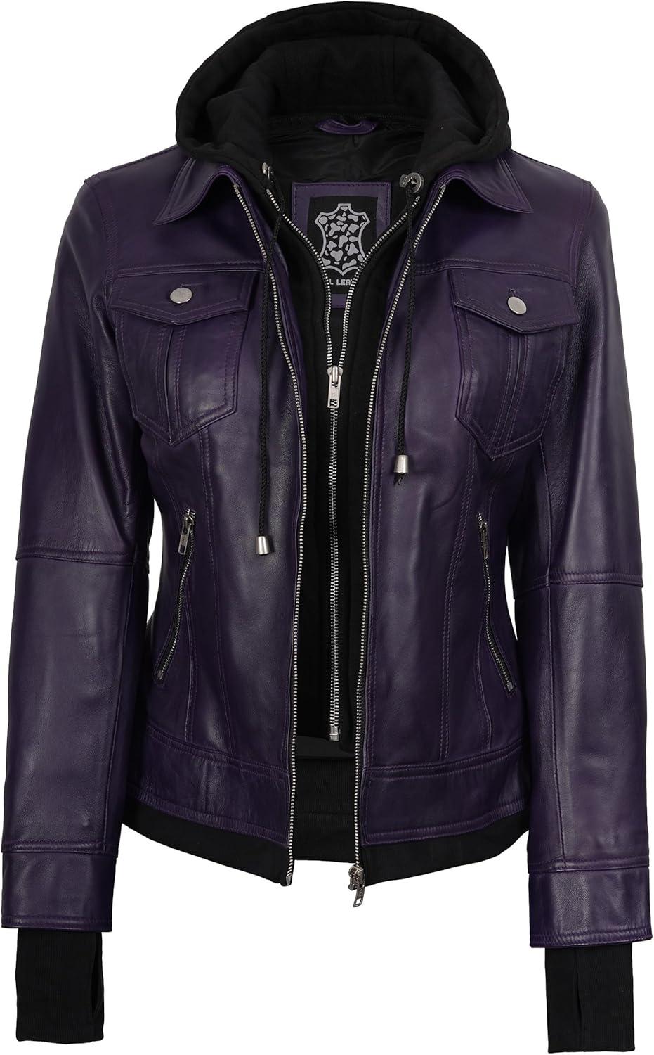 imagefjackets Hooded Leather Bomber Jacket Women Real Lambskin Womens Leather Jacket with Removable HoodBetty Hooded Purple Lether Jacket