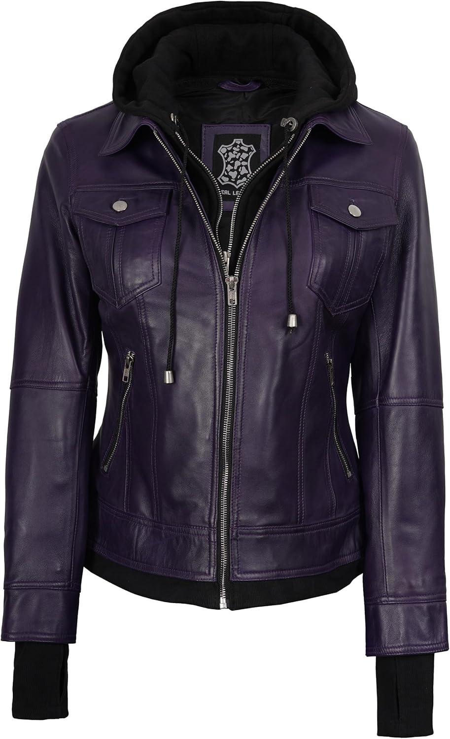 imagefjackets Hooded Leather Bomber Jacket Women Real Lambskin Womens Leather Jacket with Removable HoodBetty Hooded Purple Lether Jacket
