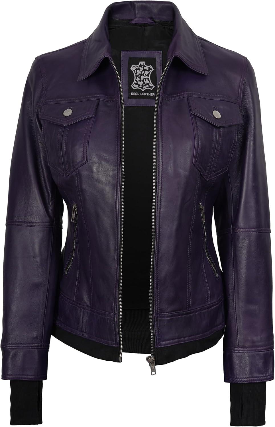 imagefjackets Hooded Leather Bomber Jacket Women Real Lambskin Womens Leather Jacket with Removable HoodBetty Hooded Purple Lether Jacket