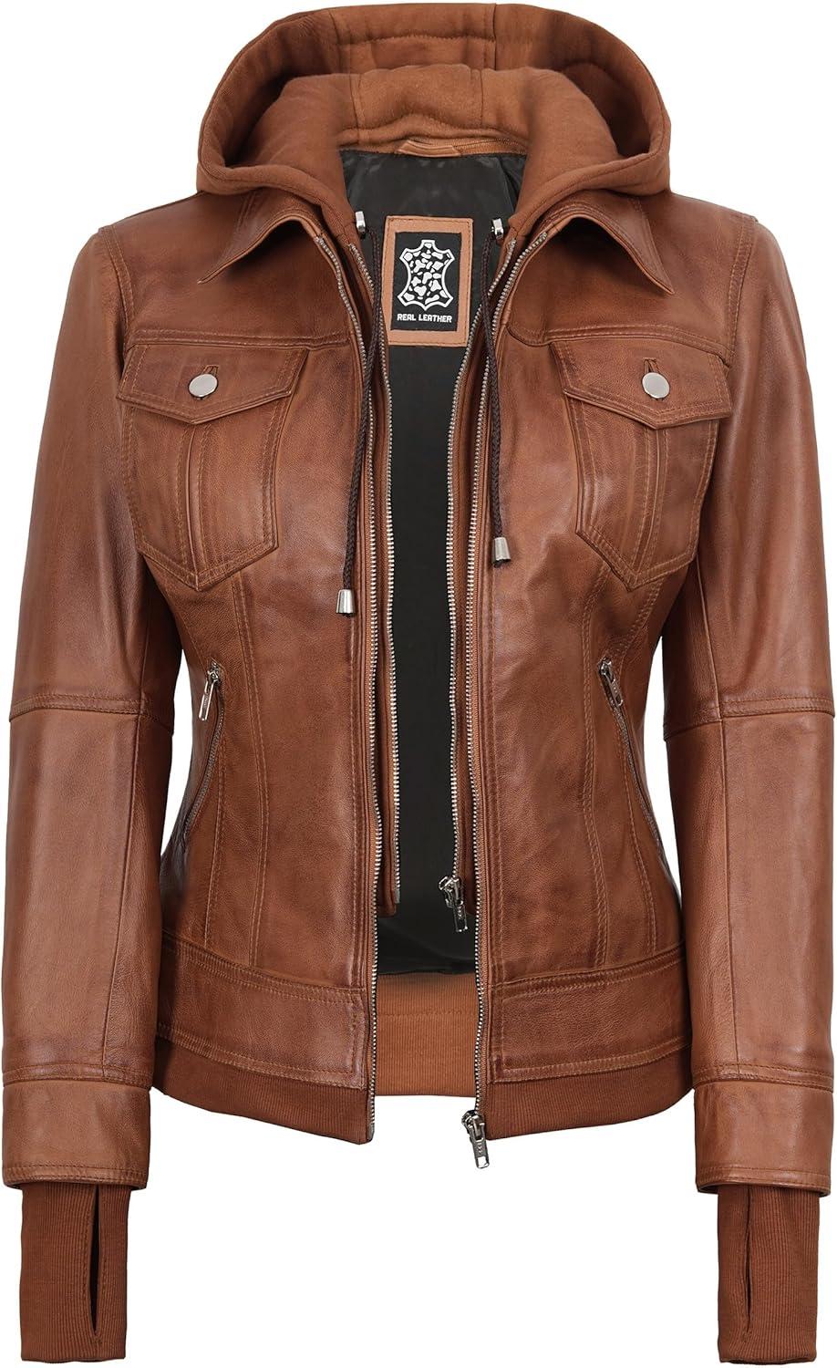 imagefjackets Hooded Leather Bomber Jacket Women Real Lambskin Womens Leather Jacket with Removable HoodTralee Hooded Brown Leather Jacket