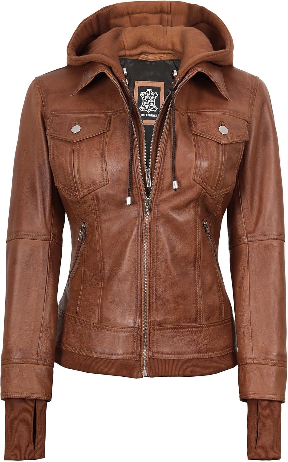 imagefjackets Hooded Leather Bomber Jacket Women Real Lambskin Womens Leather Jacket with Removable HoodTralee Hooded Brown Leather Jacket