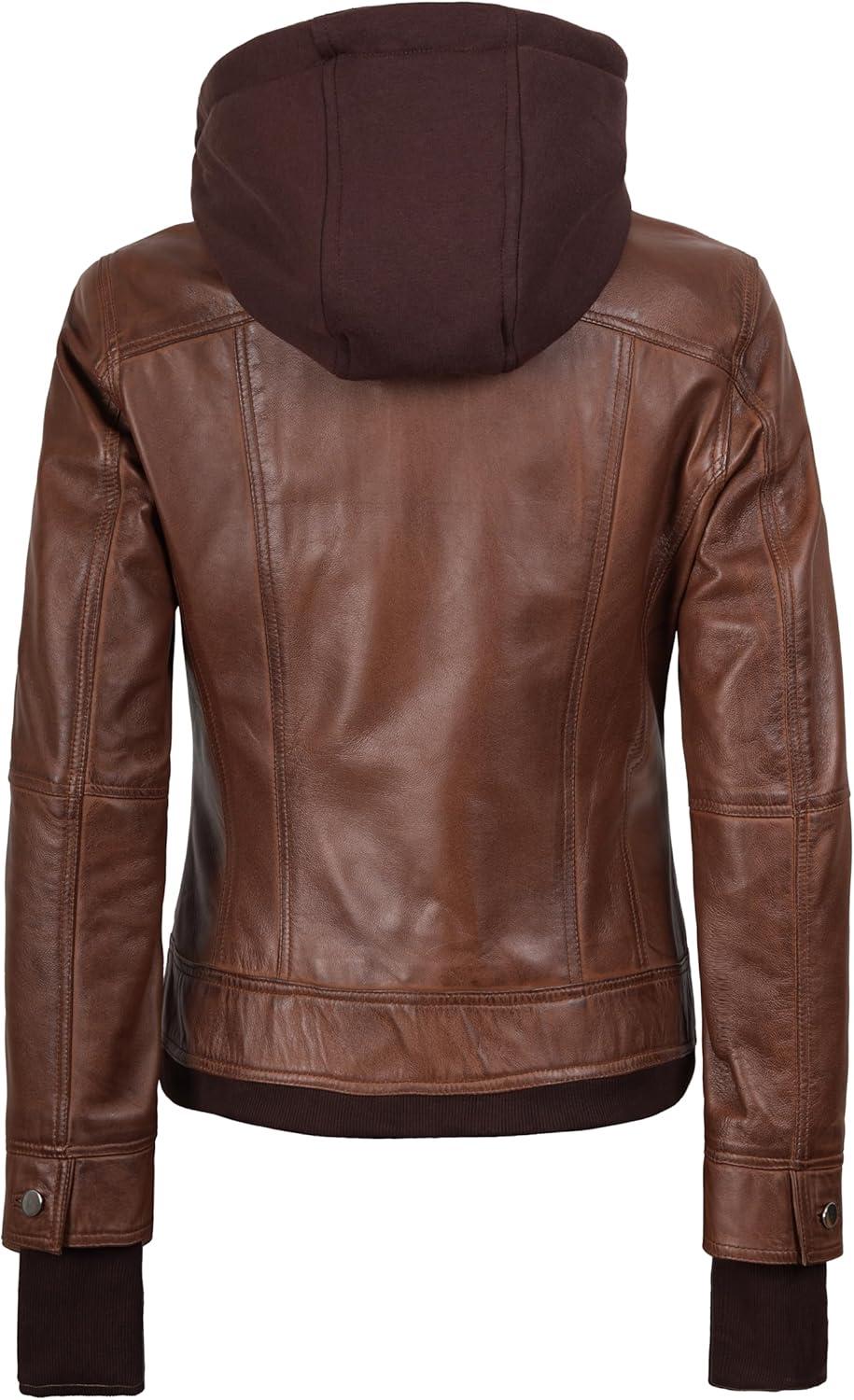 imagefjackets Hooded Leather Bomber Jacket Women Real Lambskin Womens Leather Jacket with Removable HoodTralee Hooded Cognac Leather Jacket