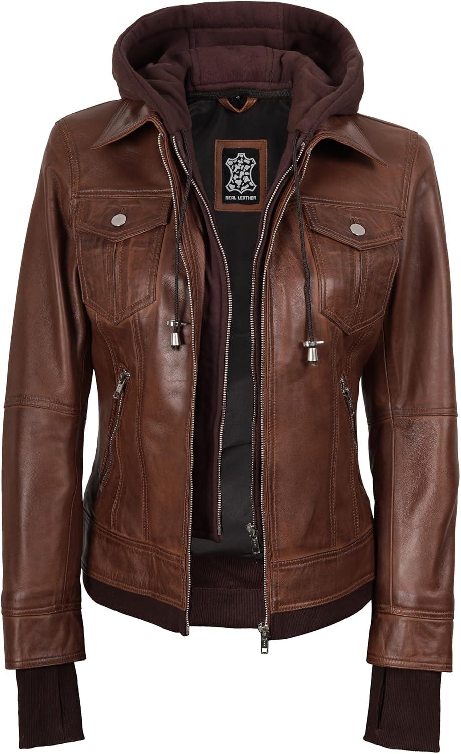imagefjackets Hooded Leather Bomber Jacket Women Real Lambskin Womens Leather Jacket with Removable HoodTralee Hooded Cognac Leather Jacket