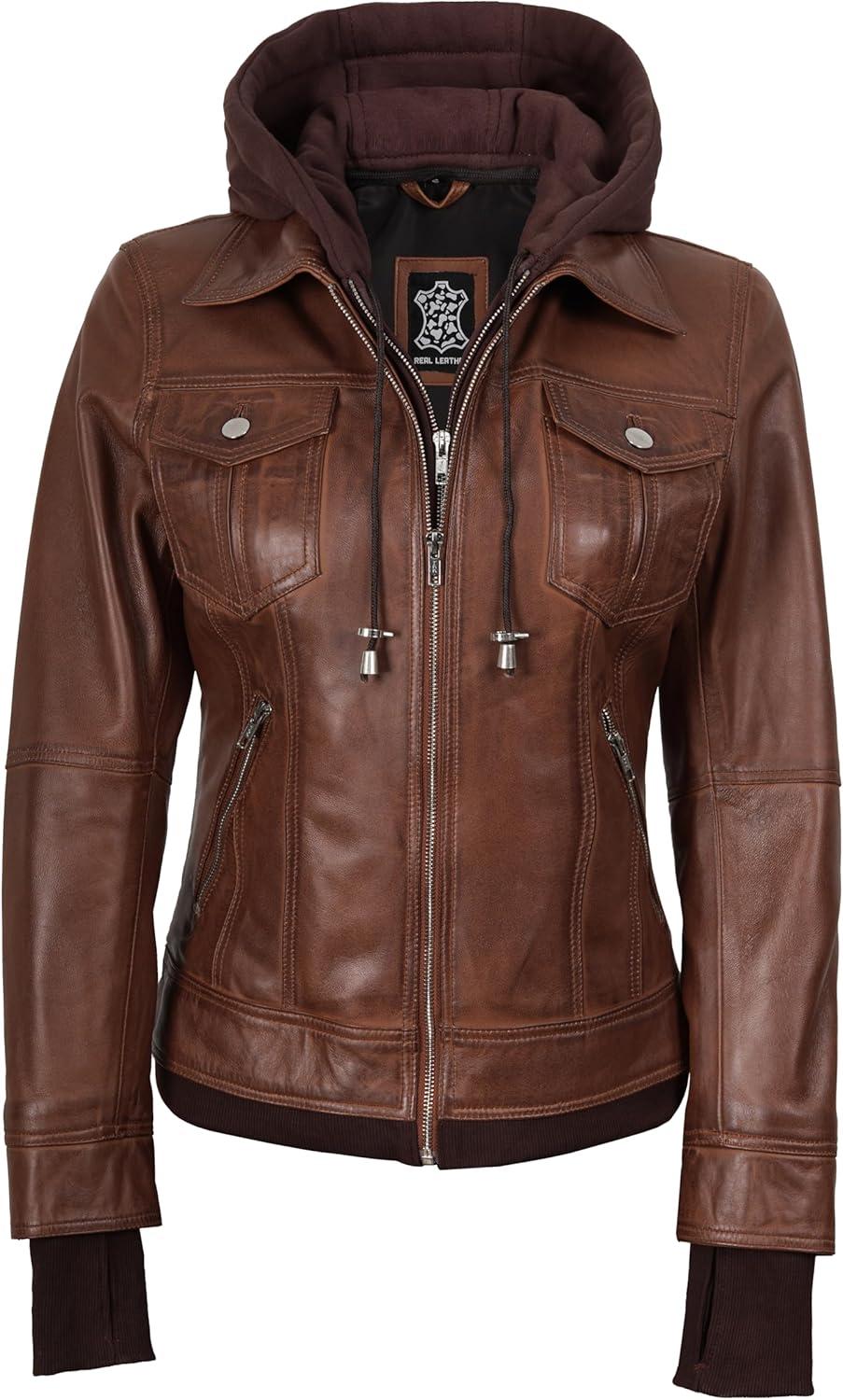 imagefjackets Hooded Leather Bomber Jacket Women Real Lambskin Womens Leather Jacket with Removable HoodTralee Hooded Cognac Leather Jacket