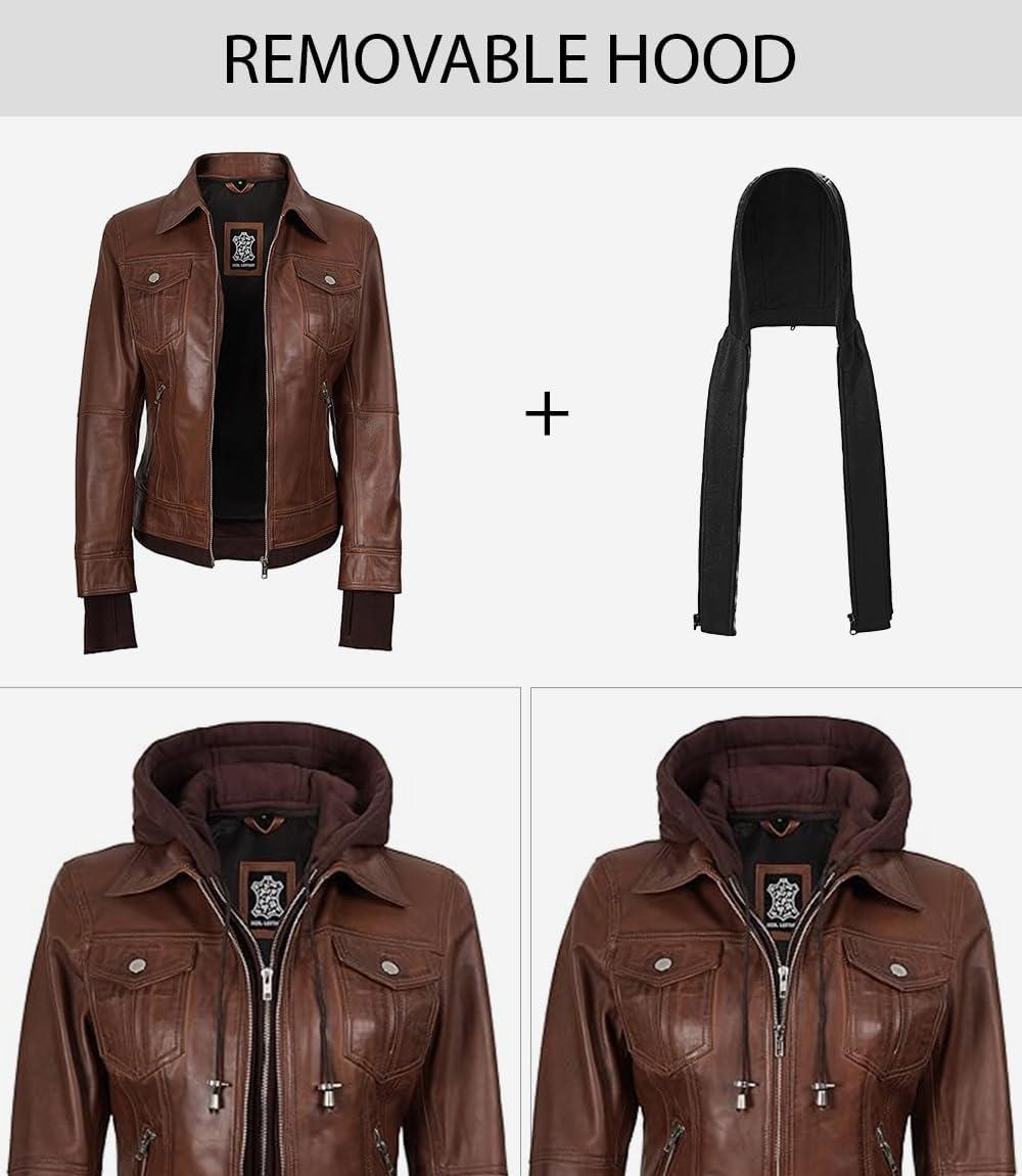 imagefjackets Hooded Leather Bomber Jacket Women Real Lambskin Womens Leather Jacket with Removable HoodTralee Hooded Cognac Leather Jacket