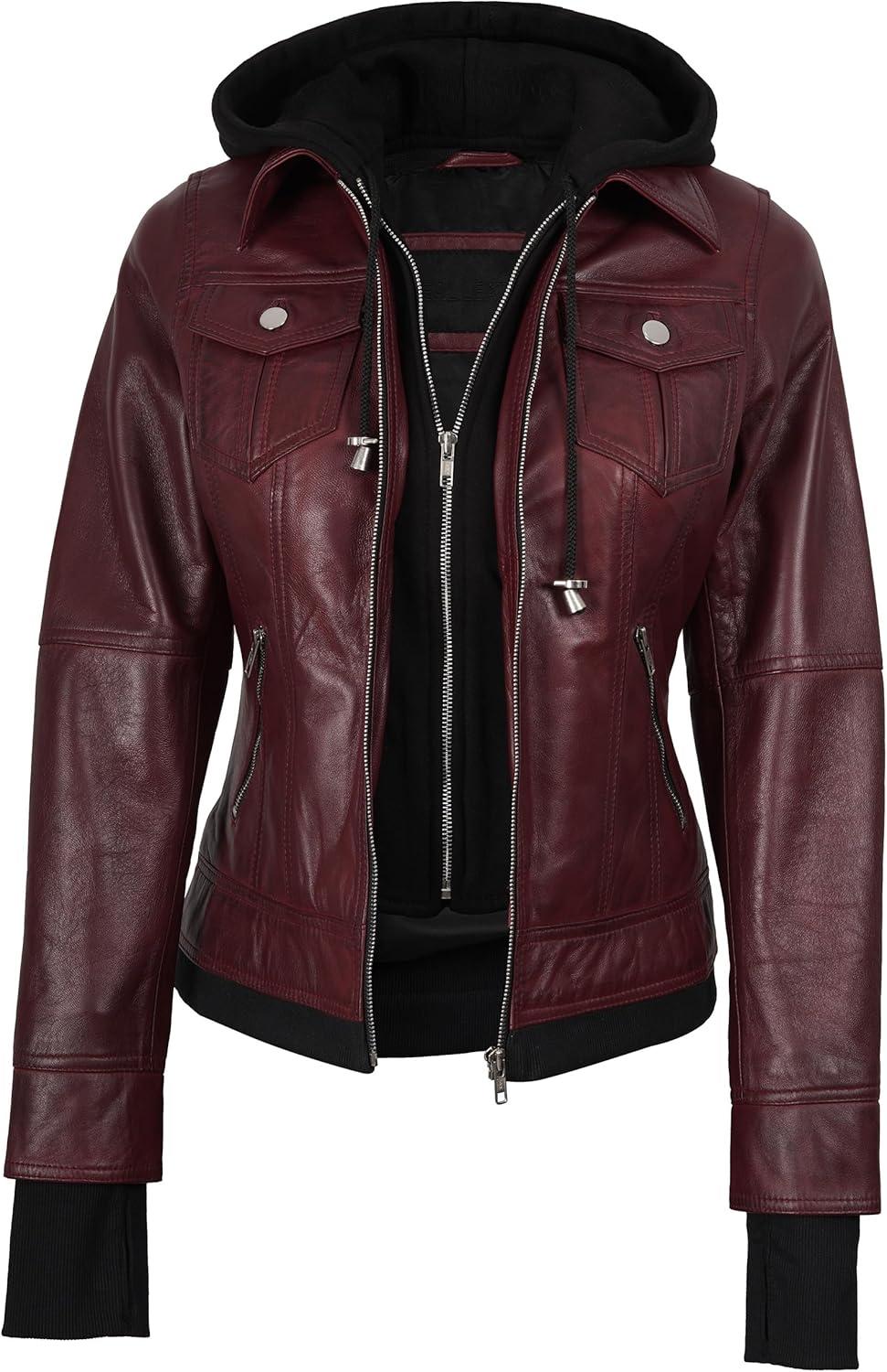 imagefjackets Hooded Leather Bomber Jacket Women Real Lambskin Womens Leather Jacket with Removable HoodTralee Hooded Maroon Leather Jacket