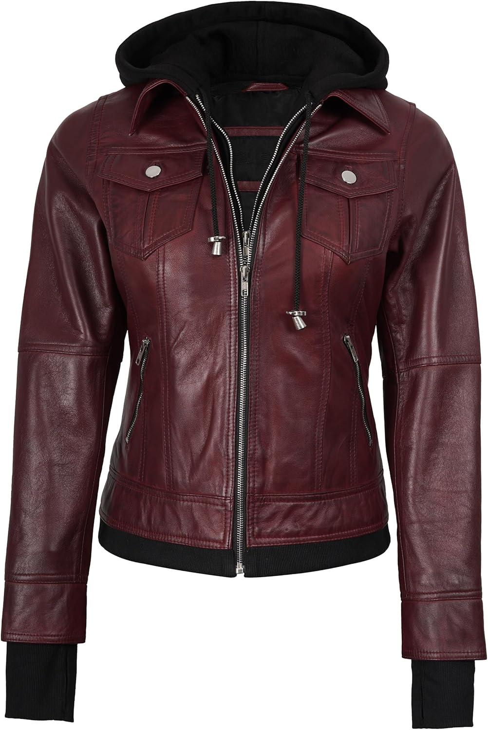 imagefjackets Hooded Leather Bomber Jacket Women Real Lambskin Womens Leather Jacket with Removable HoodTralee Hooded Maroon Leather Jacket