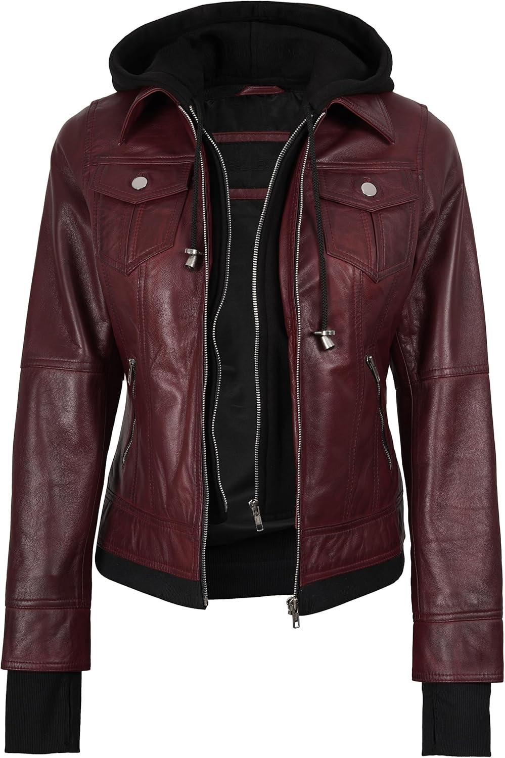 imagefjackets Hooded Leather Bomber Jacket Women Real Lambskin Womens Leather Jacket with Removable HoodTralee Hooded Maroon Leather Jacket