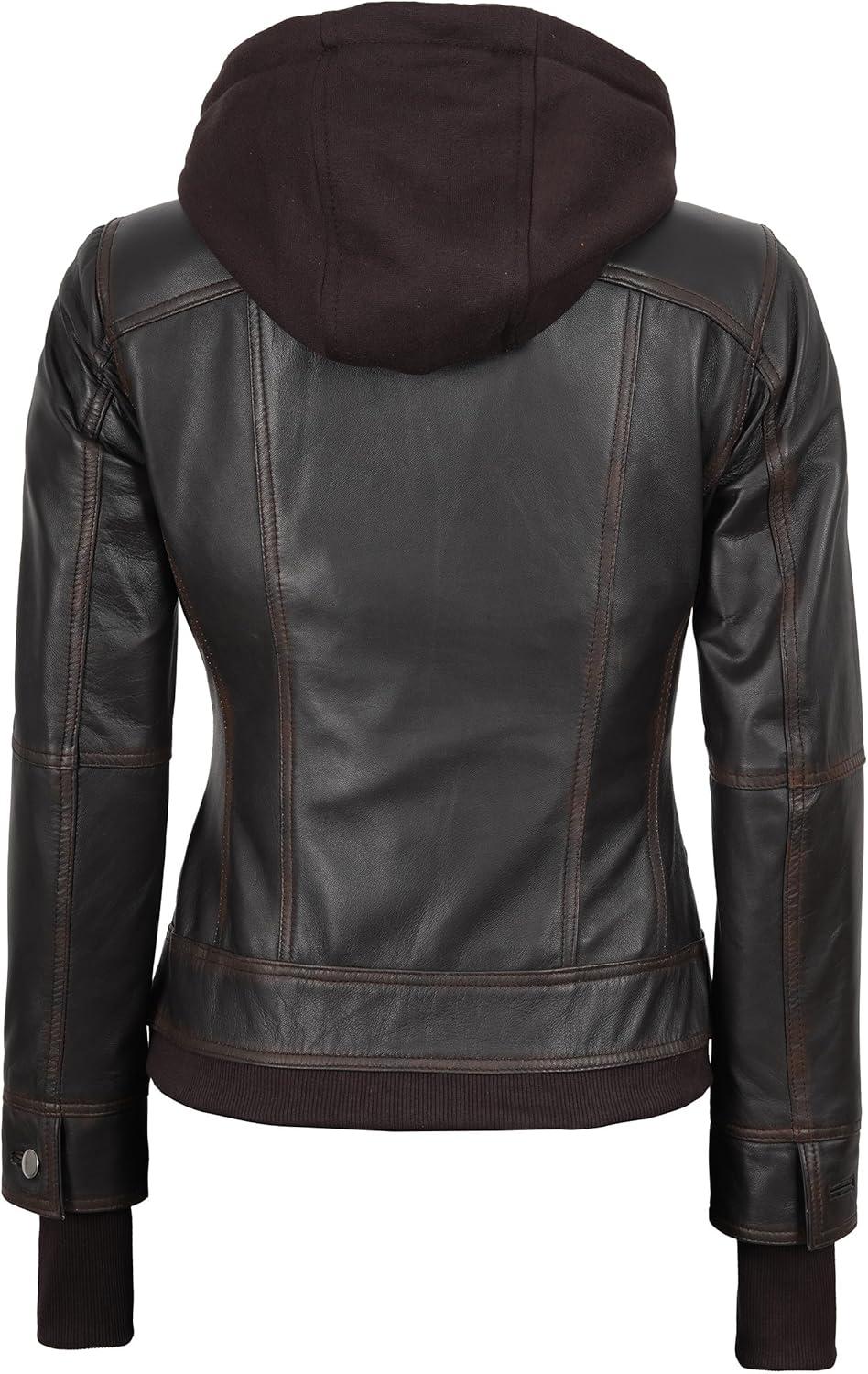 imagefjackets Hooded Leather Bomber Jacket Women Real Lambskin Womens Leather Jacket with Removable HoodTralee Hooded Ruboff Leather Jacket