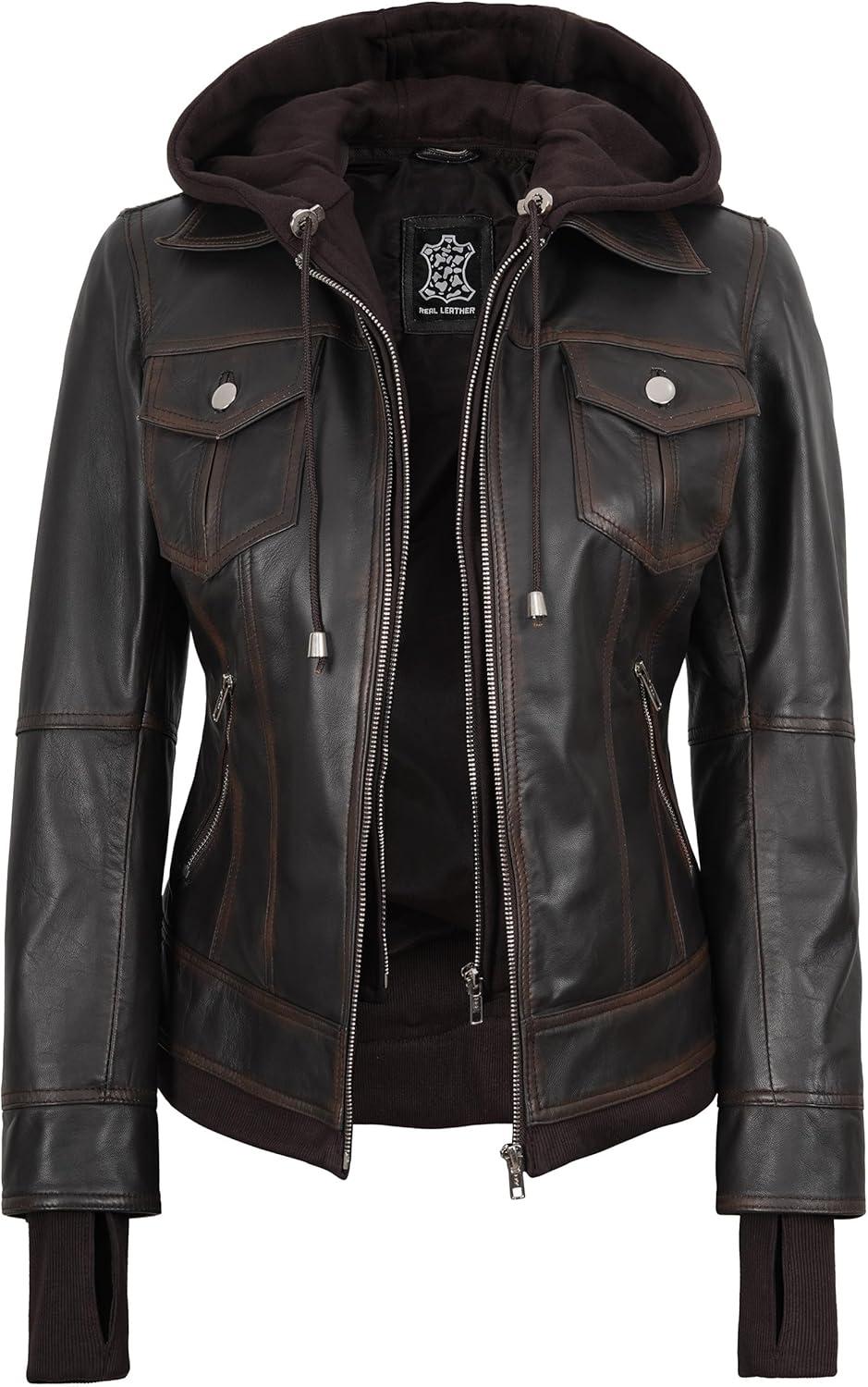 imagefjackets Hooded Leather Bomber Jacket Women Real Lambskin Womens Leather Jacket with Removable HoodTralee Hooded Ruboff Leather Jacket