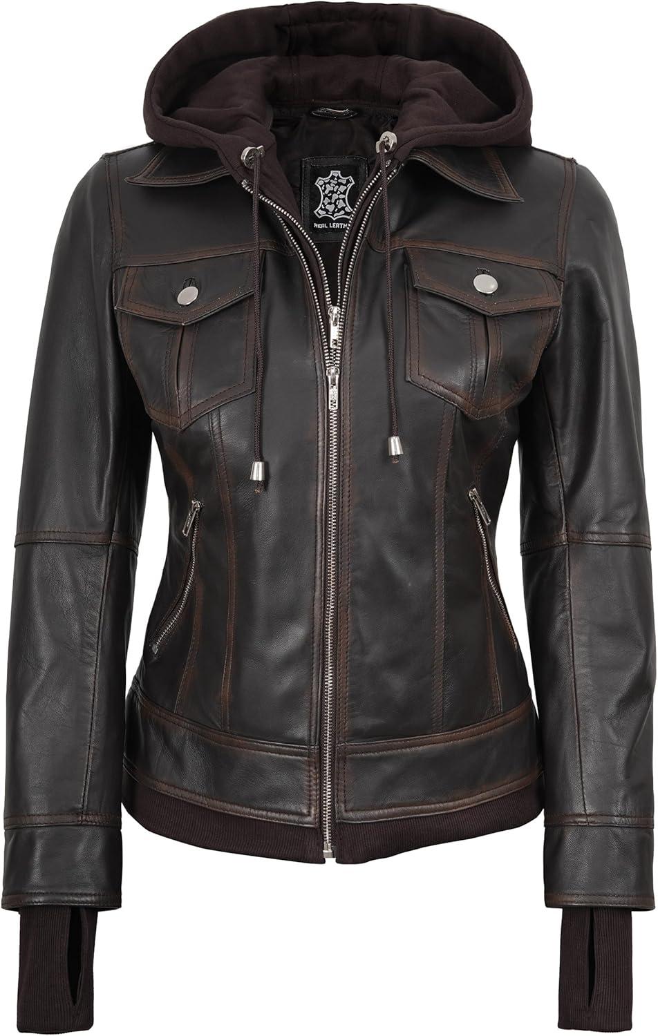 imagefjackets Hooded Leather Bomber Jacket Women Real Lambskin Womens Leather Jacket with Removable HoodTralee Hooded Ruboff Leather Jacket