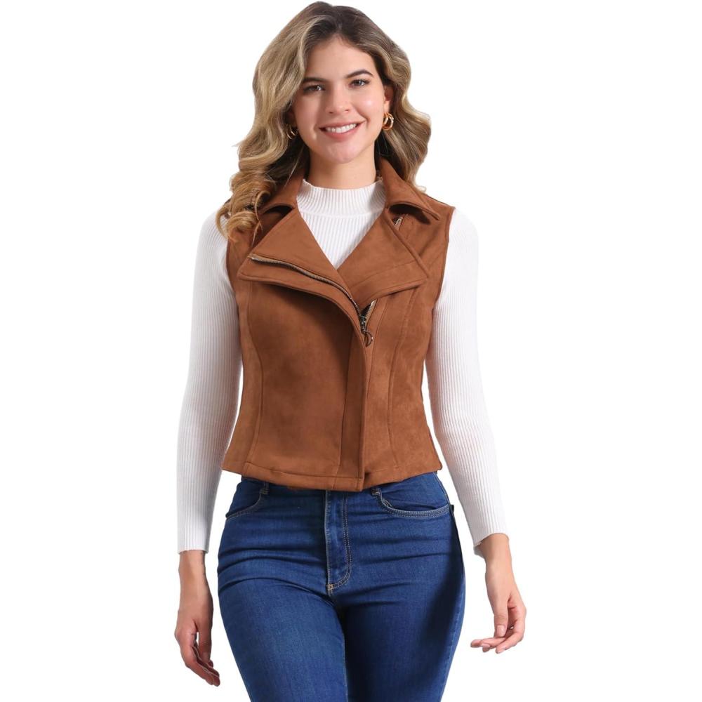 imageAllegra K Womens Faux Suede Vest Casual Sleeveless Biker JacketDark Brown