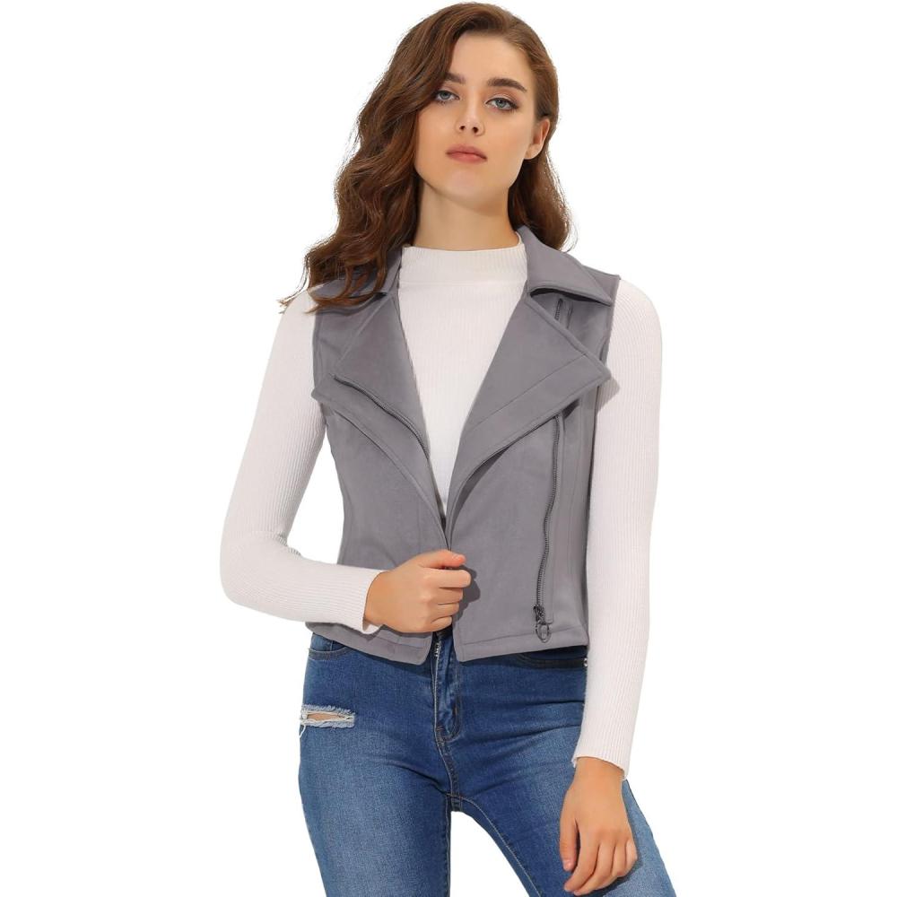 imageAllegra K Womens Faux Suede Vest Casual Sleeveless Biker JacketGrey