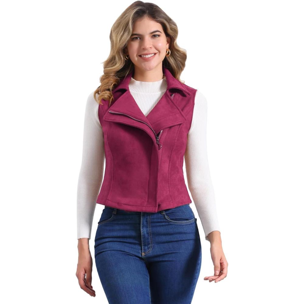 imageAllegra K Womens Faux Suede Vest Casual Sleeveless Biker JacketWine Red