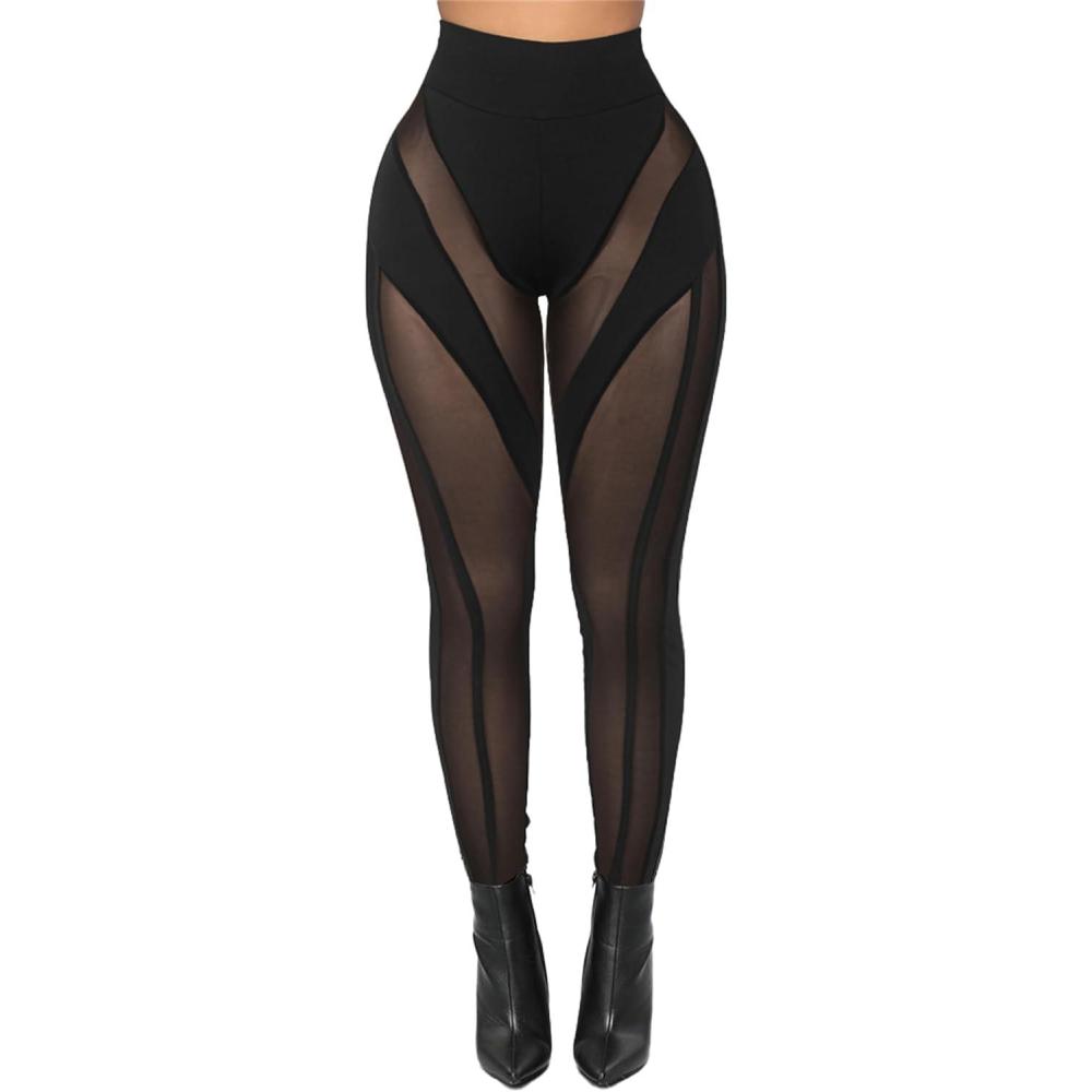 imageAtyfuniby Womens Leggings High Waisted Sexy Skinny Mesh See Through Pants Party ClubwearC Black