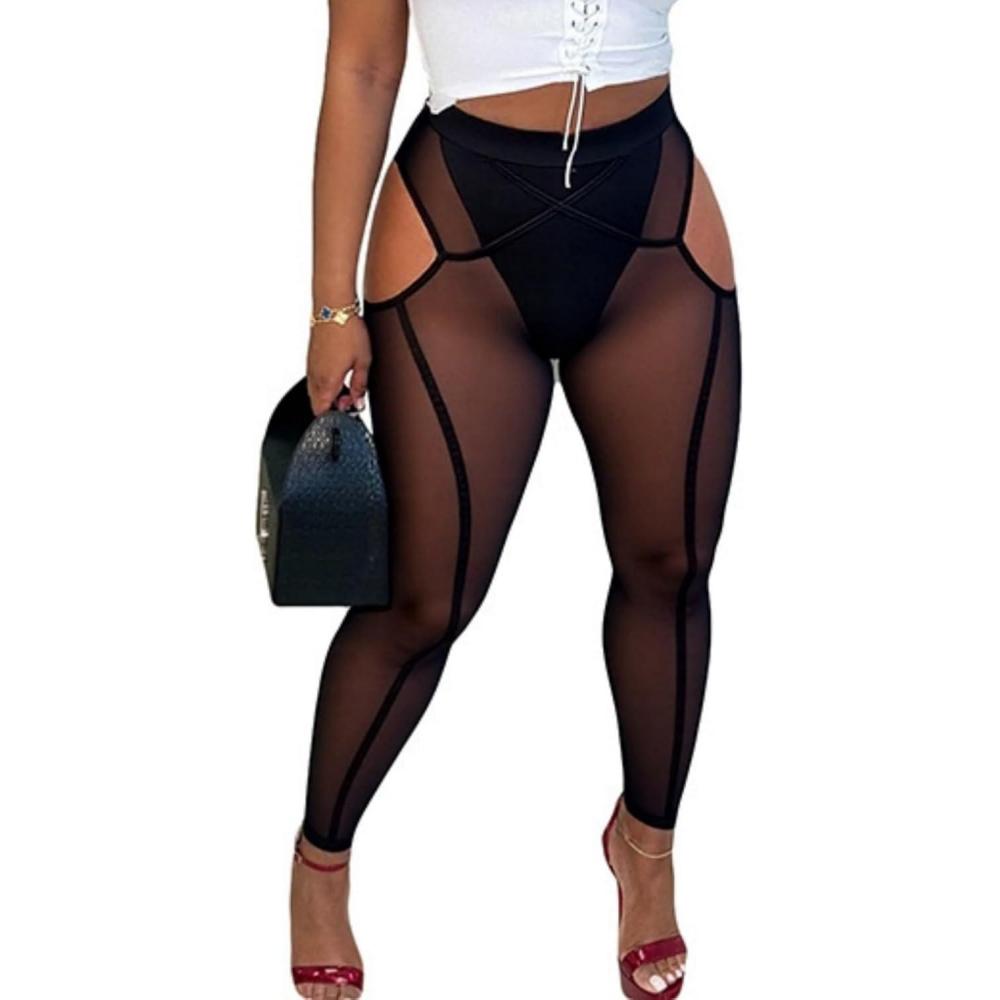 imageAtyfuniby Womens Leggings High Waisted Sexy Skinny Mesh See Through Pants Party ClubwearCutout Black