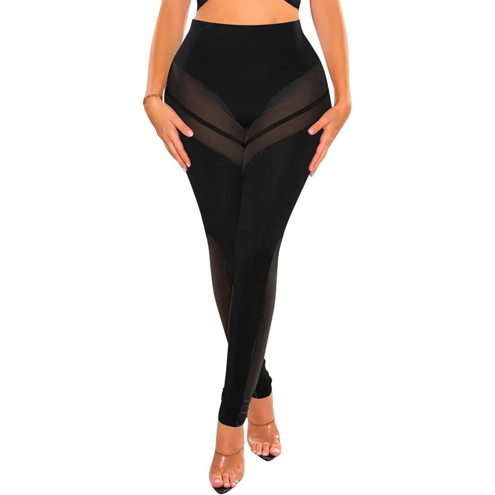 imageAtyfuniby Womens Leggings High Waisted Sexy Skinny Mesh See Through Pants Party ClubwearD Black