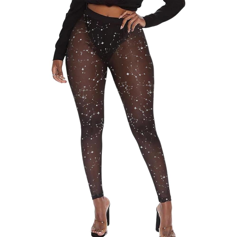 imageAtyfuniby Womens Leggings High Waisted Sexy Skinny Mesh See Through Pants Party ClubwearGlitter Black
