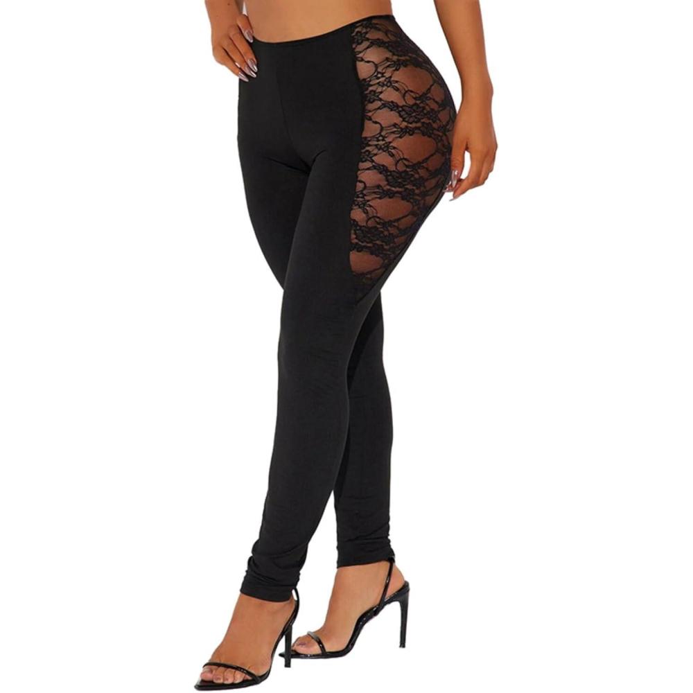 imageAtyfuniby Womens Leggings High Waisted Sexy Skinny Mesh See Through Pants Party ClubwearLace Black