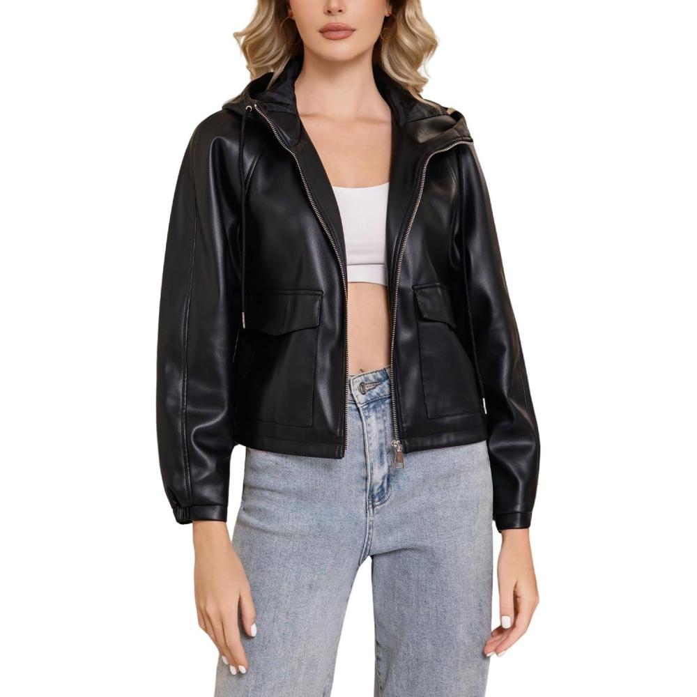 imageDIASHINY Faux Leather Jacket For Women Removable Hooded Moto Biker Outwear CoatBlack 167