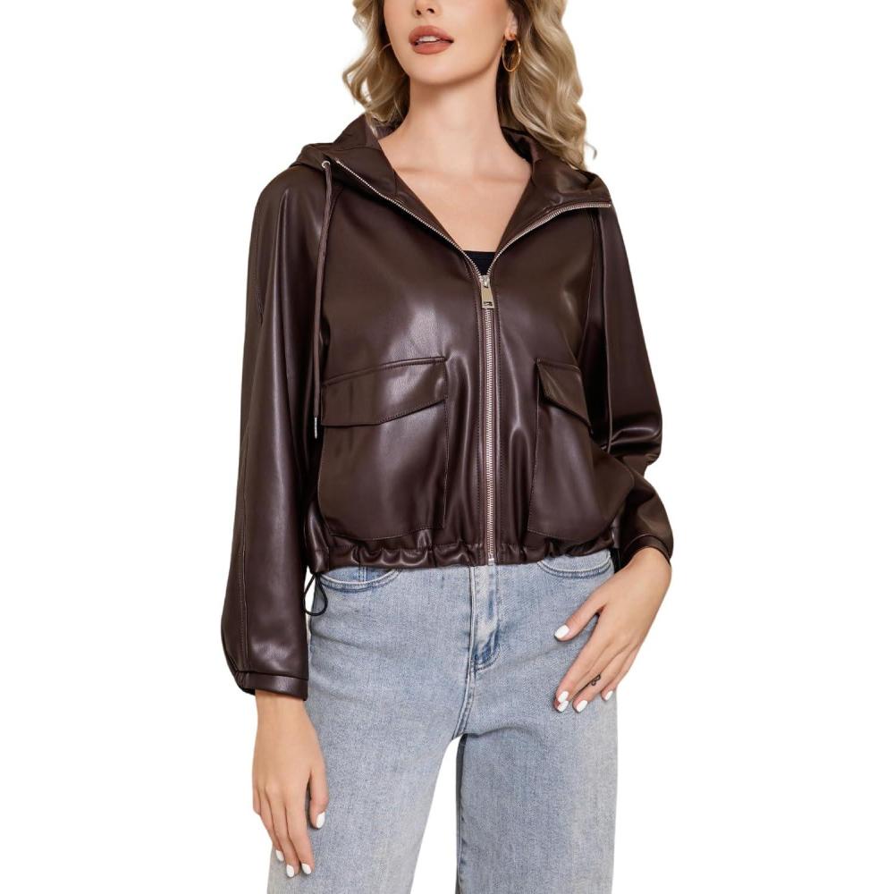 imageDIASHINY Faux Leather Jacket For Women Removable Hooded Moto Biker Outwear CoatBrown 167
