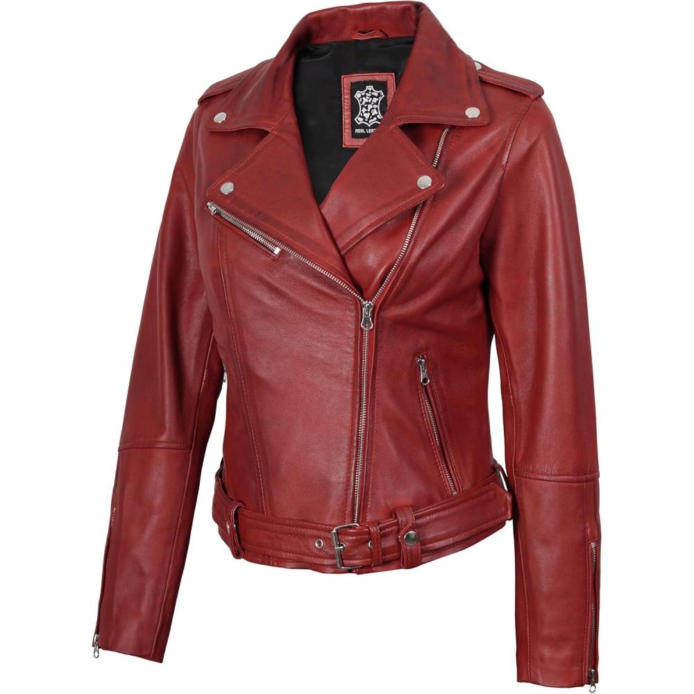 imageDecrum Women Leather Jacket  Real Lambskin Stylish Leather Jackets for WomenRed  Margrate Leather Jacket
