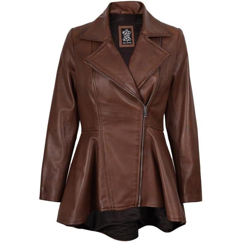 imageDecrum Womens Leather Jacket Real Leather Jacket for WomenPeplum Cognac Leather Jacket