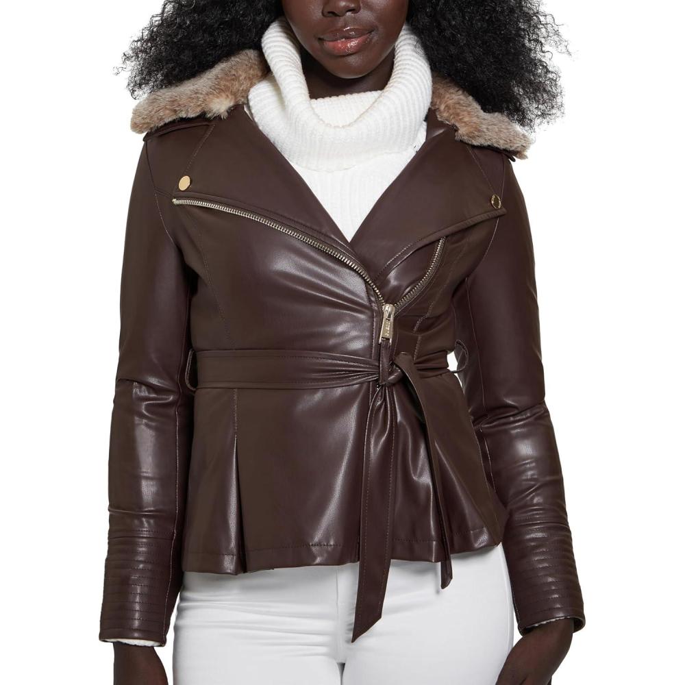 imageGUESS womens Tulip Peplum Zip Faux Leather JacketBrown