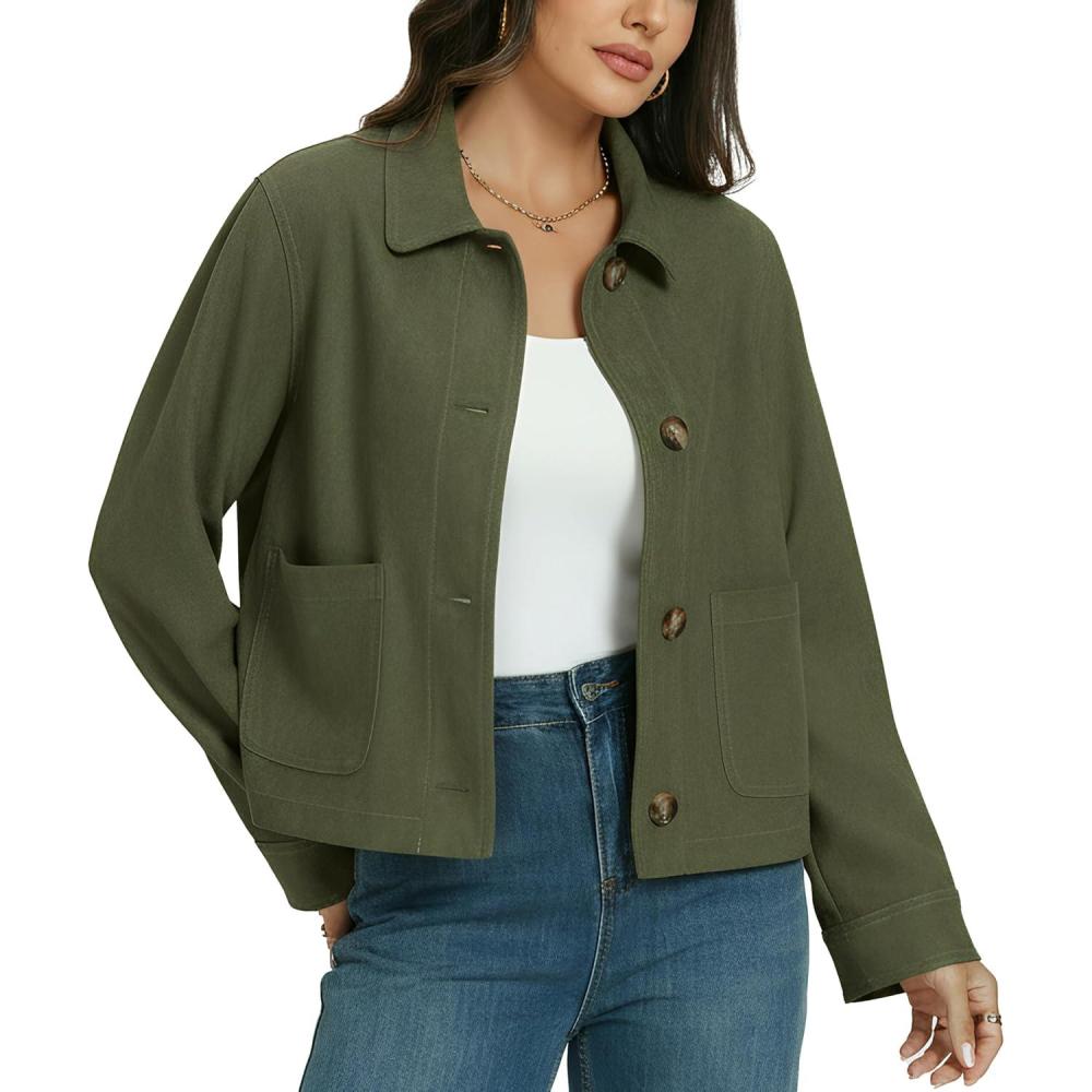 imageLadyful Womens Faux Suede Bomber Jacket Cropped Dressy Fall Casual Button Down Leather Coat OuterwearArym Green