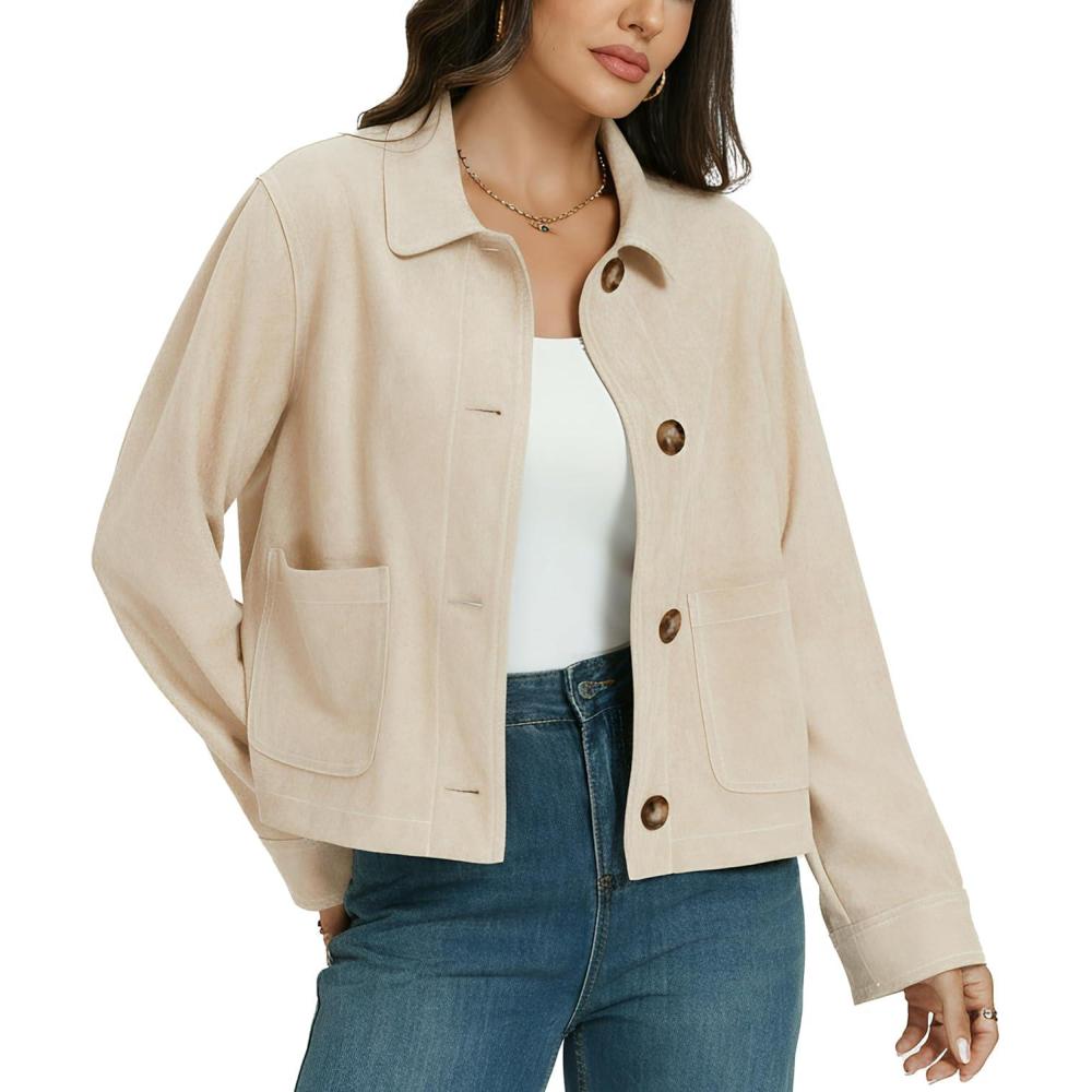 imageLadyful Womens Faux Suede Bomber Jacket Cropped Dressy Fall Casual Button Down Leather Coat OuterwearBeige