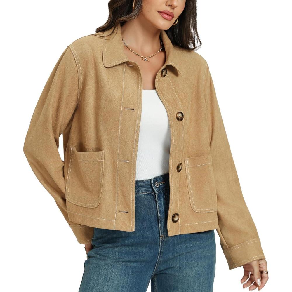 imageLadyful Womens Faux Suede Bomber Jacket Cropped Dressy Fall Casual Button Down Leather Coat OuterwearKhaki