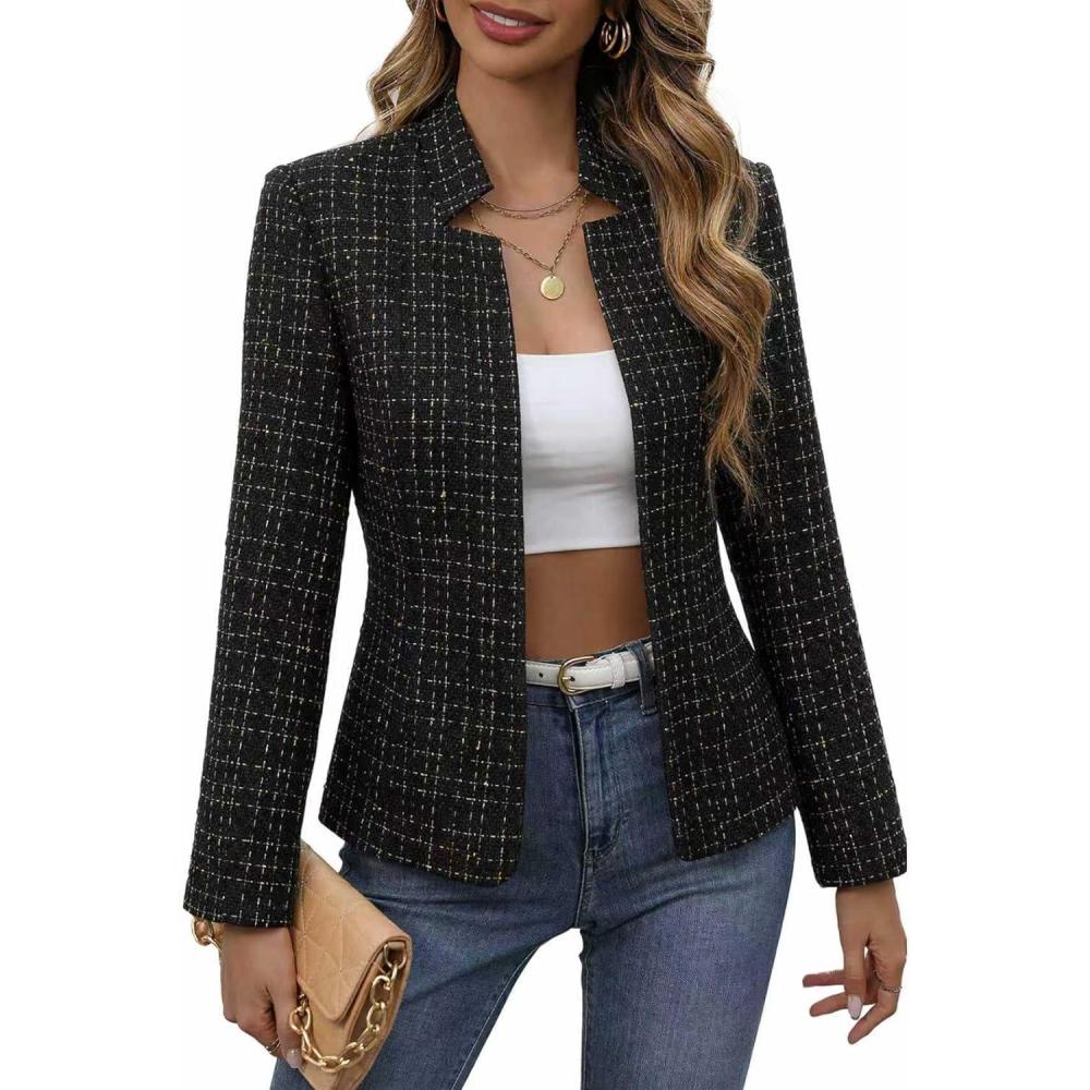 imageMina Self 2026 Spring Womens Tweed Plaid Blazer Jacket  Fully Lined Open Front Stand Collar Casual Fashion Work Office Coat2plaidblack