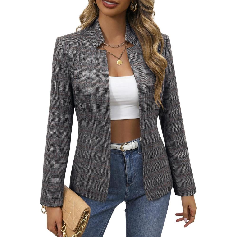 imageMina Self 2026 Spring Womens Tweed Plaid Blazer Jacket Fully Lined Open Front Stand Collar Casual Fashion Work Office CoatPlaid Black
