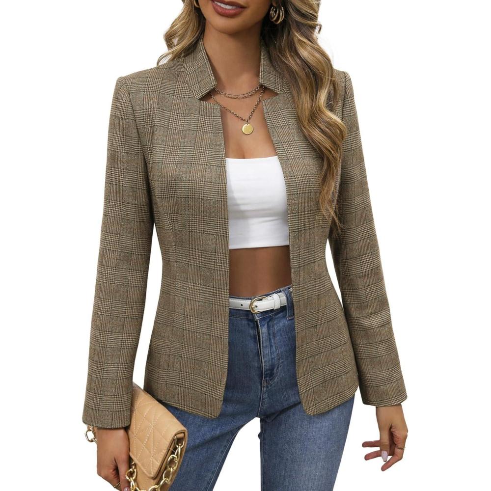 imageMina Self 2026 Spring Womens Tweed Plaid Blazer Jacket  Fully Lined Open Front Stand Collar Casual Fashion Work Office CoatPlaid Khaki