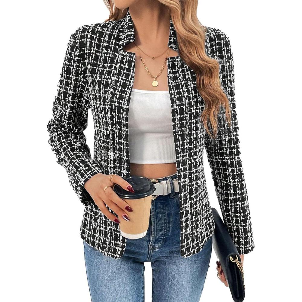 imageMina Self 2026 Spring Womens Tweed Plaid Blazer Jacket  Fully Lined Open Front Stand Collar Casual Fashion Work Office CoatPlaidBlack