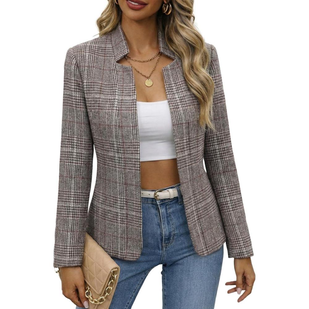 imageMina Self 2026 Spring Womens Tweed Plaid Blazer Jacket Fully Lined Open Front Stand Collar Casual Fashion Work Office CoatPlaidRedbrown